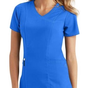 Healing Hands small, royal blue scrub shirt.